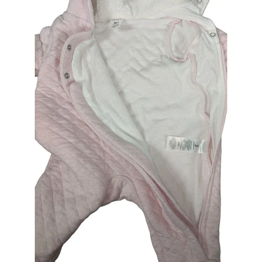 Carter's Snowsuit Sz 3 Months Baby Girl's Pink Quilted Snap Button Zipper Winter